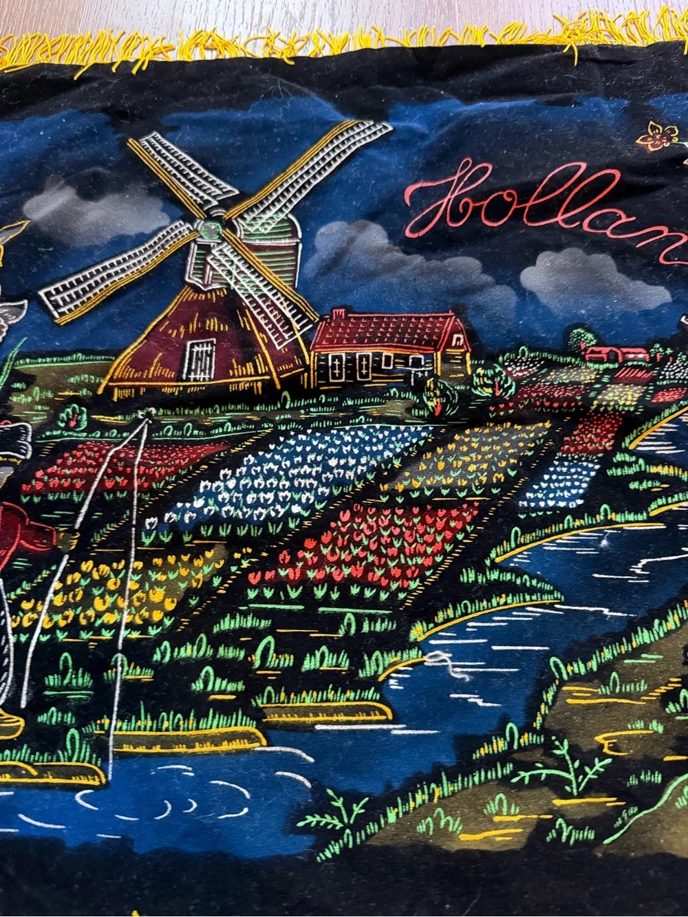 Holland Netherlands Souvenir Velvet Textile Windmill Tulips Dutch Fringe Decor